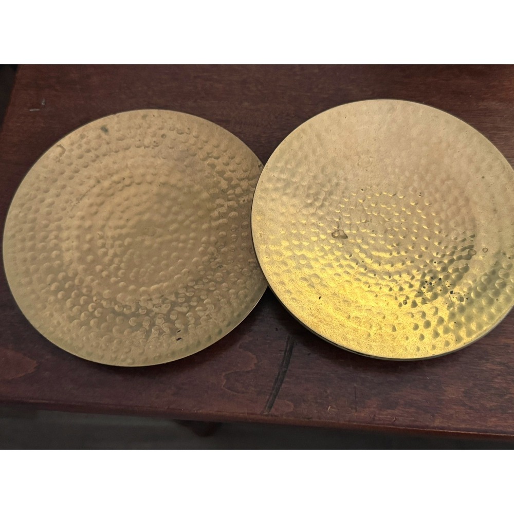 Vintage Hammered Copper Candle Coasters Set of 2 Round Metal Trinket Trays 5 in